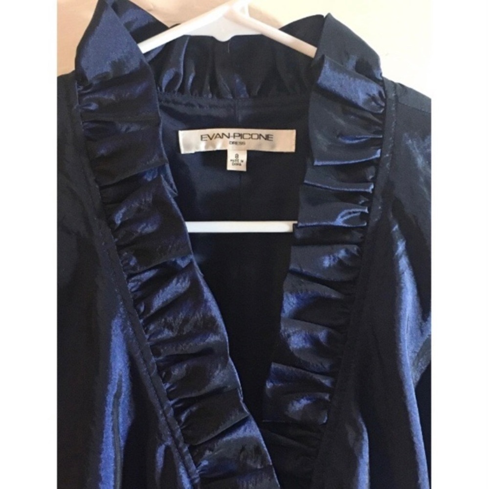 Evan-Picone Shimmering Sapphire Blue Ruffled Collar Wrap Dress - Picture 2 of 6